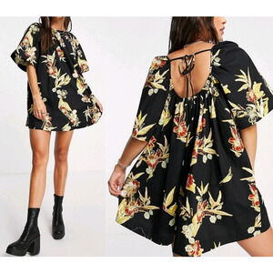 Free People Jodie black floral cotton tunic dress Size XL Boho Dark Floral